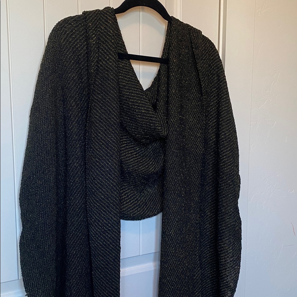 Black/gold Handwoven Textured Shawl with Fringe